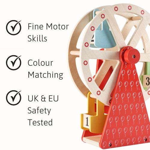 Colourful wooden educational toy with text highlighting fine motor skills, colour matching, and safety testing. 