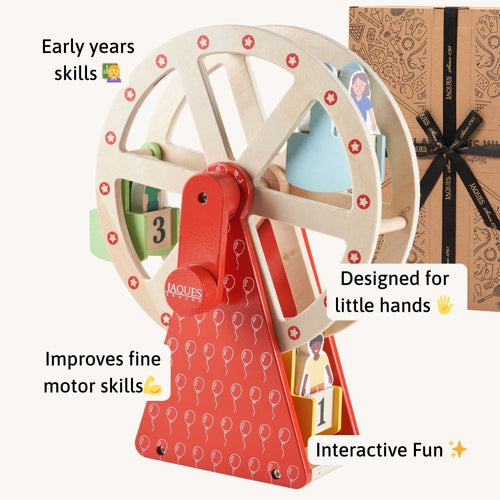 Wooden toy with a wheel and red base, designed for early years skills. 