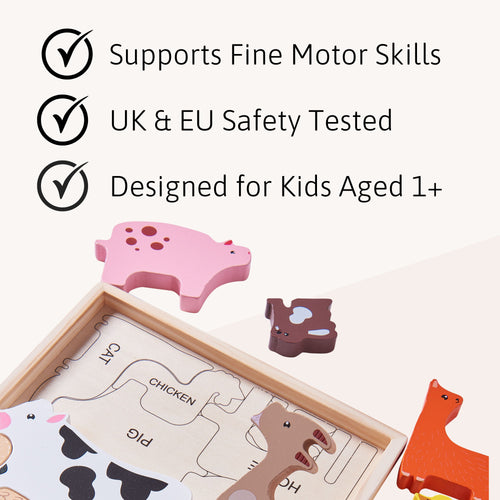 Wooden puzzle with animal shapes and text highlighting features on a light pink background 