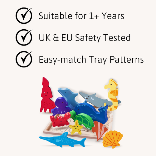 Wooden ocean puzzle tray surrounded by colourful sea creature pieces, shown with icons highlighting age suitability, safety testing, and easy-match tray patterns 