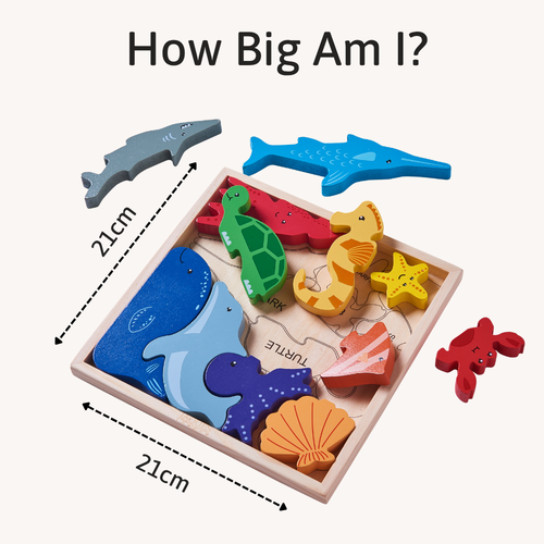 Wooden ocean puzzle tray displaying sea creature pieces inside, shown with measurements of 21cm by 21cm 