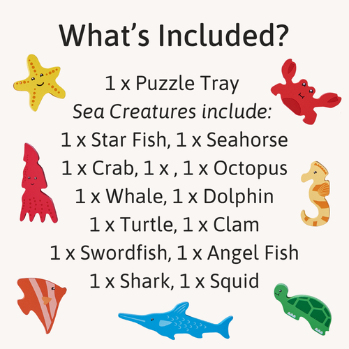 Illustrated sea creature pieces surrounding a text list detailing the puzzle tray and included animals such as starfish, turtle, shark, and seahorse 