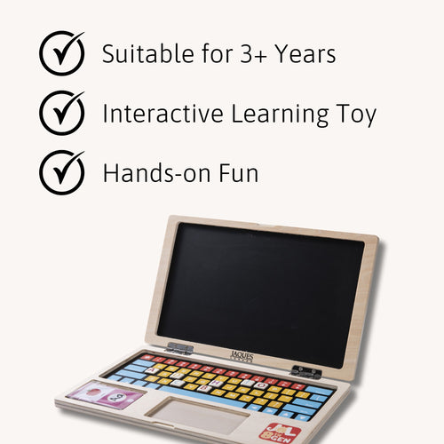 Interactive wooden laptop toy for kids 3+, hands-on learning and fun. 