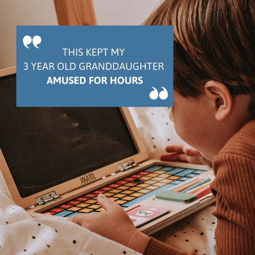 Wooden laptop toy keeps toddlers entertained for hours, highly rated by parents. 