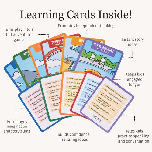 A promotional graphic showing a fan of colourful children's learning cards with text callouts describing benefits such as promoting independent thinking, instant story ideas, and helping kids practise speaking and conversation. The cards feature illustrated scenes and titles like Adventure, Theme Park Holiday, and Pool Resort Holiday. 