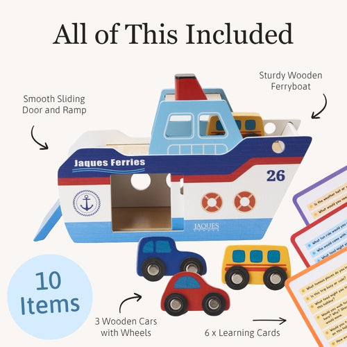 “All Of This Included” layout showing the full set: wooden boat, removable cabin pieces, peg people, and small accessory blocks displayed separately. 