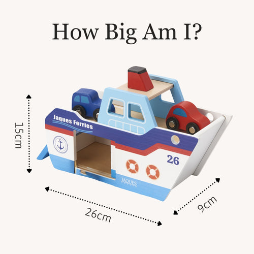 “How Big Am I?” size reference graphic showing the boat with measurement lines indicating its length and height dimensions. 