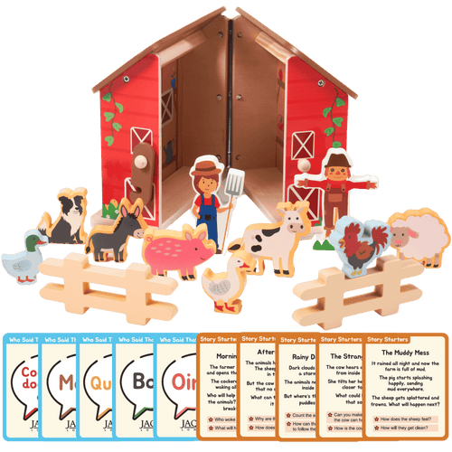 Toy barn set with farm animals and educational cards on a green background [fill]