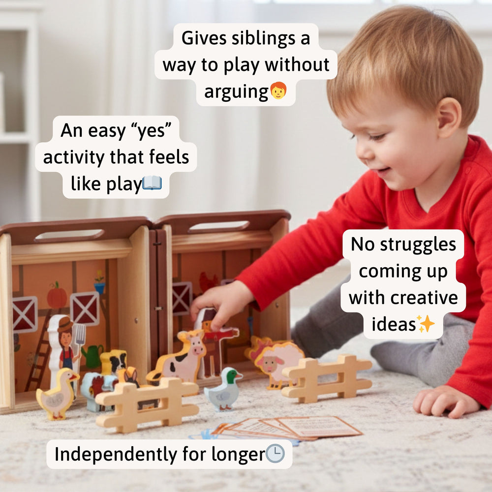 Toy farm set with animals and figures, featuring text about play benefits.