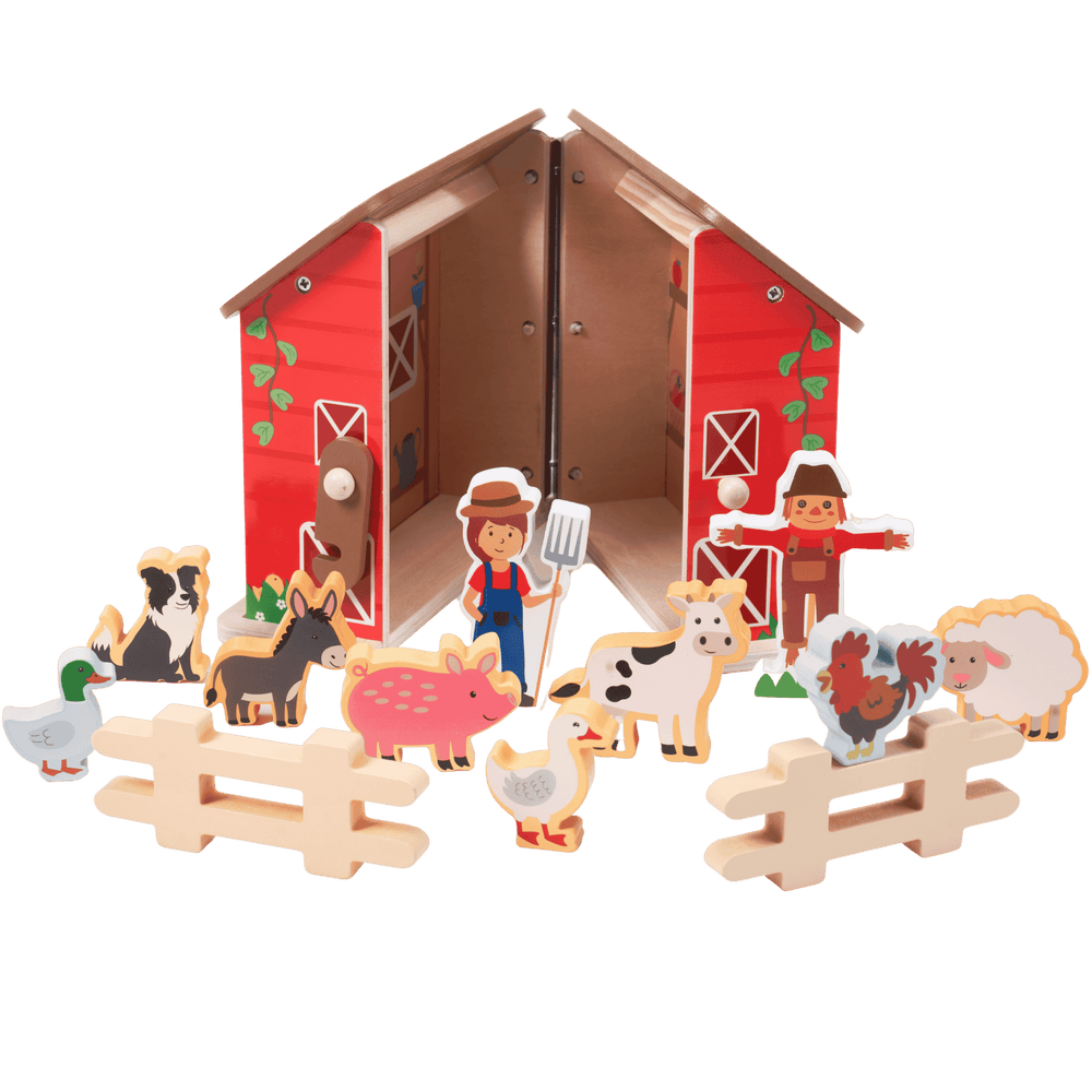Toy barn set with farm animals and educational cards on a green background 