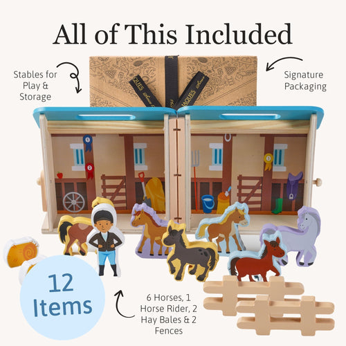 Product layout showing everything included in the horse stable toy set, including horses, fences, and accessories, labeled as 12 items. 