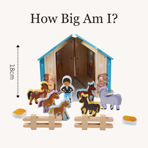 Size comparison graphic titled “How Big Am I?” showing the wooden stable with horses and fences and measurement indicators. 