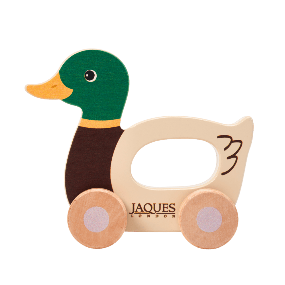 Wooden duck-shaped toy with wheels on a transparent background 