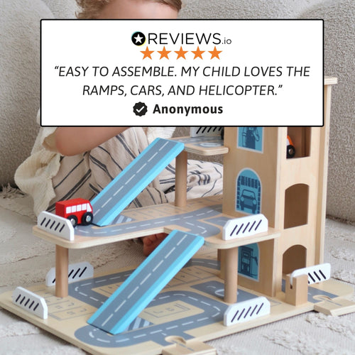 Wooden multi-level toy parking garage with colorful cars and ramps, loved for imaginative play and easy assembly. 