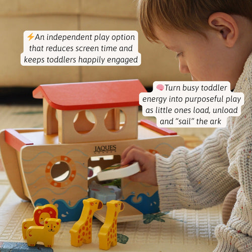 Toddler playing with a wooden Noah’s Ark toy, placing animal figures into the boat, with feature callouts highlighting interactive and developmental benefits 