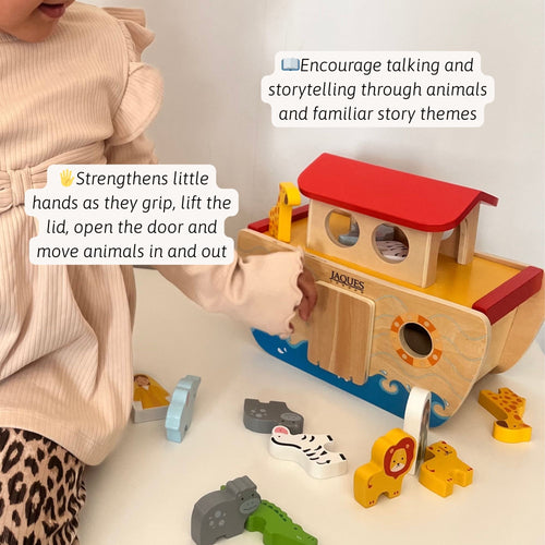 Child opening and playing with the wooden Noah’s Ark, removing animal pieces, with text overlays describing fine motor skill and storytelling benefits 