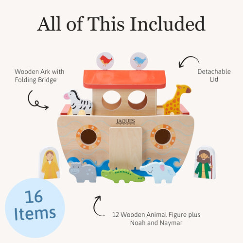 Flat lay display of the wooden Noah’s Ark set showing all included pieces, including 12 animal figures, Noah and his wife, removable lid, and sliding bridge 
