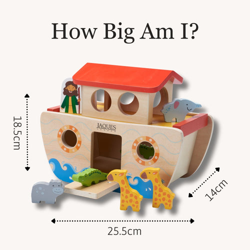 Size guide image of the wooden Noah’s Ark toy with dimensions displayed, surrounded by the included animal figures for scale 