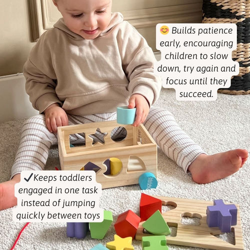 A toddler explores the wooden shape sorter, carefully placing shapes into the correct slots while developing focus and coordination. 