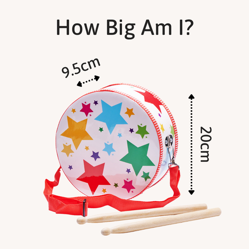 Toy drum with bright star design shown beside measurements (20cm x 9.5cm) and paired with two wooden drumsticks. 