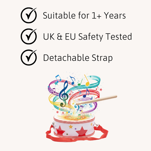Graphic of colourful toy drum with checklist text reading ‘Suitable for 1+ Years’, ‘UK & EU Safety Tested’, and ‘Detachable Strap’. 