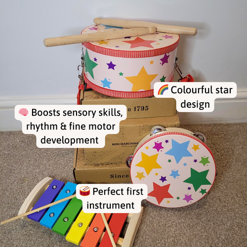 Toy drums displayed with overlaid text highlighting ‘Colourful star design’, ‘Boosts sensory skills, rhythm & fine motor development’, and ‘Perfect first instrument’. 