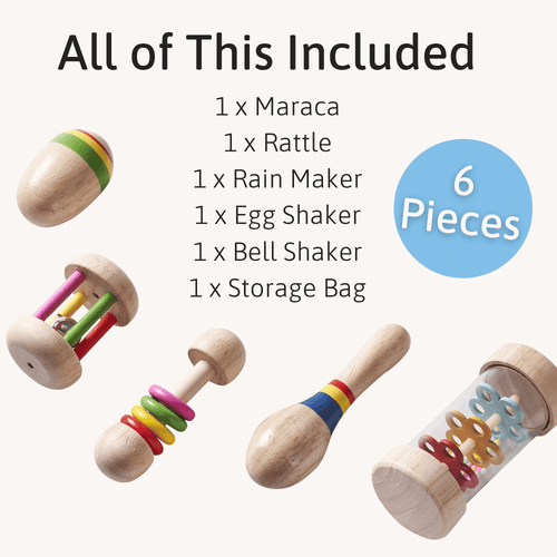 Set of wooden toys with maraca, rattle, rain maker, egg shaker, bell shaker, and storage bag on a white background.