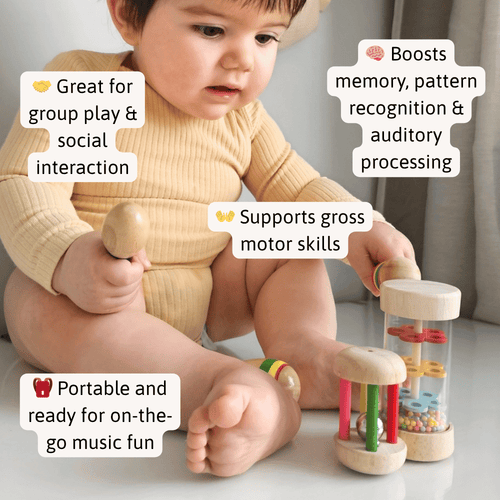 Child playing with a wooden toy, surrounded by text highlighting its benefits.