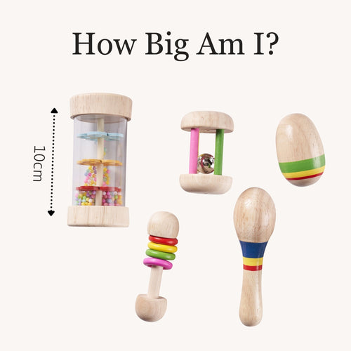 Product size comparison image titled “How Big Am I?” showing the wooden rainmaker, rattles, and shaker next to a 10 cm measurement guide. 