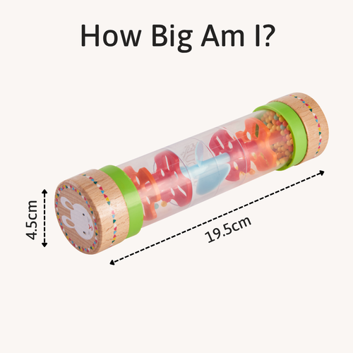Rain sound maker laid on a plain background with measurement labels showing 19.5cm length and 4.5cm width 