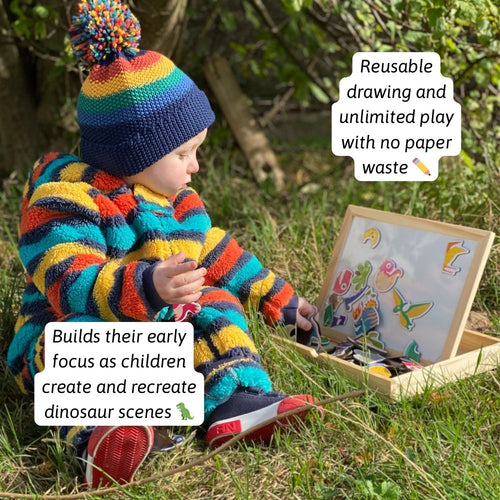 A fun dinosaur magnetic play set that lets kids create their own prehistoric scenes anywhere 