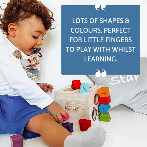 Child playing with colourful blocks and text about educational toys.