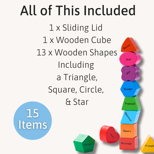 Colourful wooden shape sorting toy with sliding lid and wooden cube, including shapes like triangle, square, circle, and star.