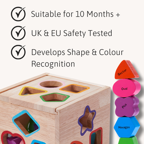 Wooden shape sorting toy with colourful shapes and text indicating safety and educational benefits.