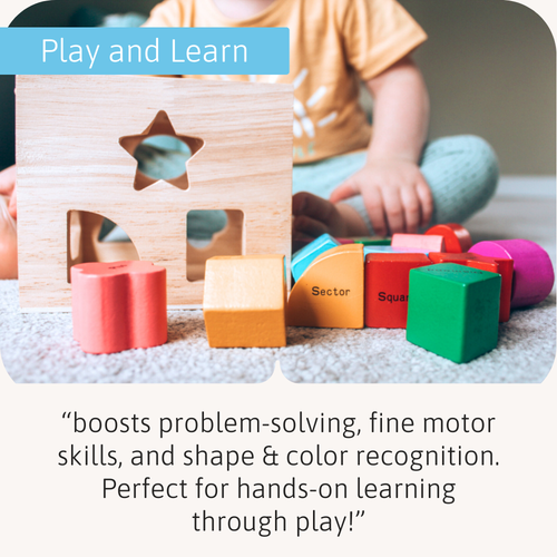 Child playing with colourful wooden blocks on a carpeted floor, with text about learning and problem-solving.