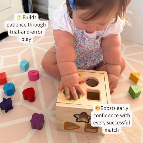 Baby playing with wooden shape sorting cube toy on floor 