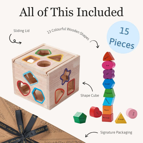 Wooden shape sorting cube toy set with 15 pieces included 