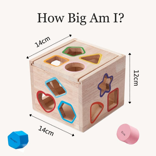 Wooden shape sorter cube showing size dimensions 