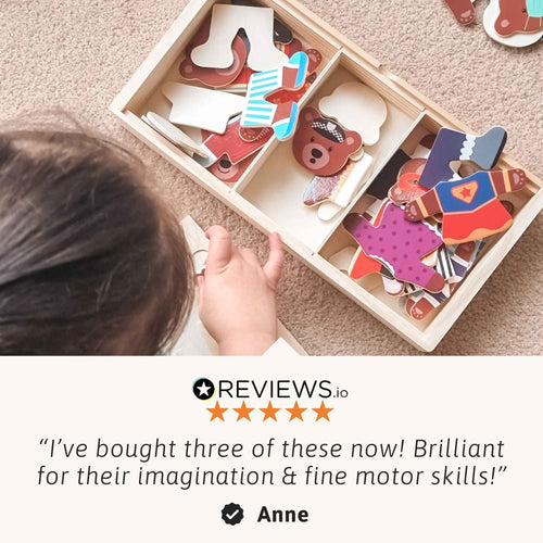 Child playing with a wooden toy set on a carpeted floor, with a five-star review from Anne displayed below. 