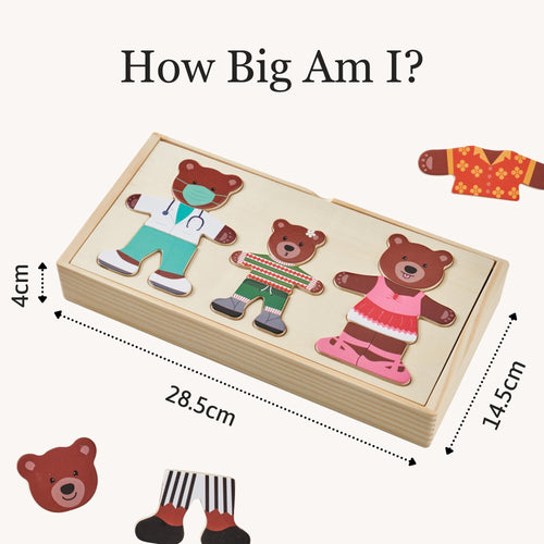 Wooden puzzle with teddy bears and clothing pieces labeled 'How Big Am I?' 