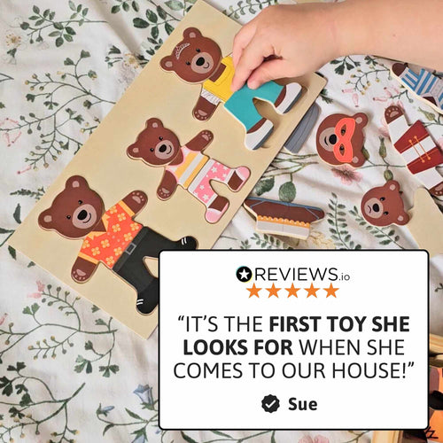Child playing with a bear-themed puzzle on a floral blanket, with a five-star review quote overlay. 