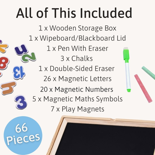 Educational set with storage box, wipe board, and various magnetic items on a white background. 