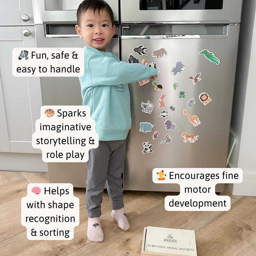 Child playing with colourful magnets on a refrigerator door, surrounded by text benefits.