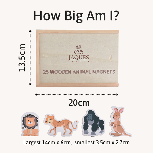 Box of Jaques London wooden animal magnets with dimensions and examples of the magnets on a white background. 
