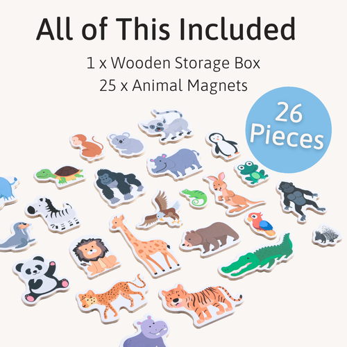 Set of animal magnets with a wooden storage box on a white background