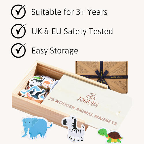 Wooden animal magnet set with packaging and magnets displayed, featuring Jaques of London branding.