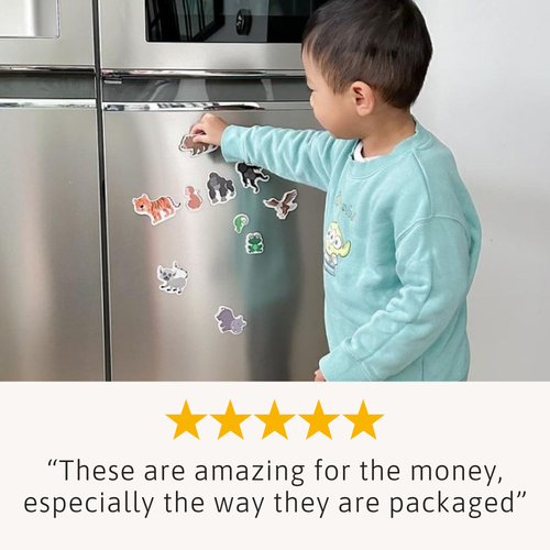 Child playing with magnetic toys on a refrigerator door, with a five-star rating text overlay.