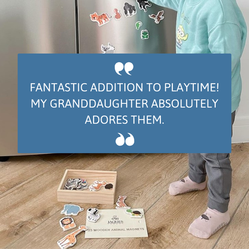 Child playing with animal magnets on a refrigerator door, with a positive review text overlay.