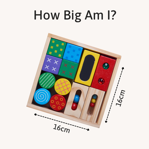 Wooden crate of sensory blocks shown with measurements indicating a 16cm by 16cm size 