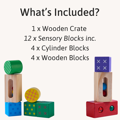 Wooden crate filled with colourful sensory blocks displayed beside text listing included wooden and cylinder blocks 